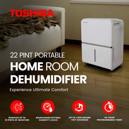 Toshiba 22 Pint Portable Home Room Dehumidifier, White (Certified Refurbished)