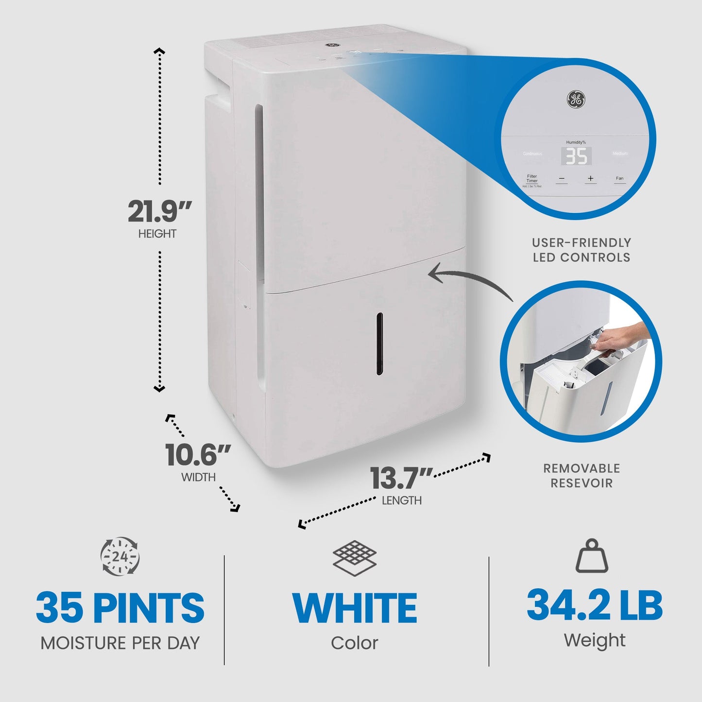 GE 35 Pint Portable Home Dehumidifier for Damp Spaces (Certified Refurbished)