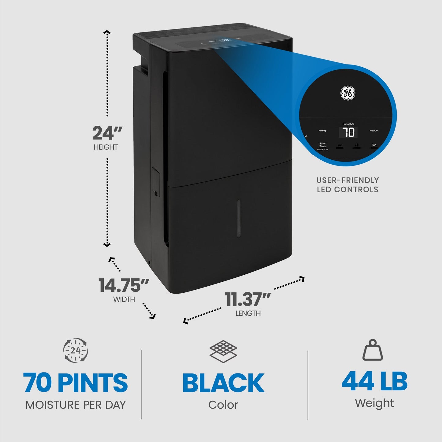 GE High Tech 70 Pint 3 Fan Speed Home Dehumidifier, Black (Refurbished)