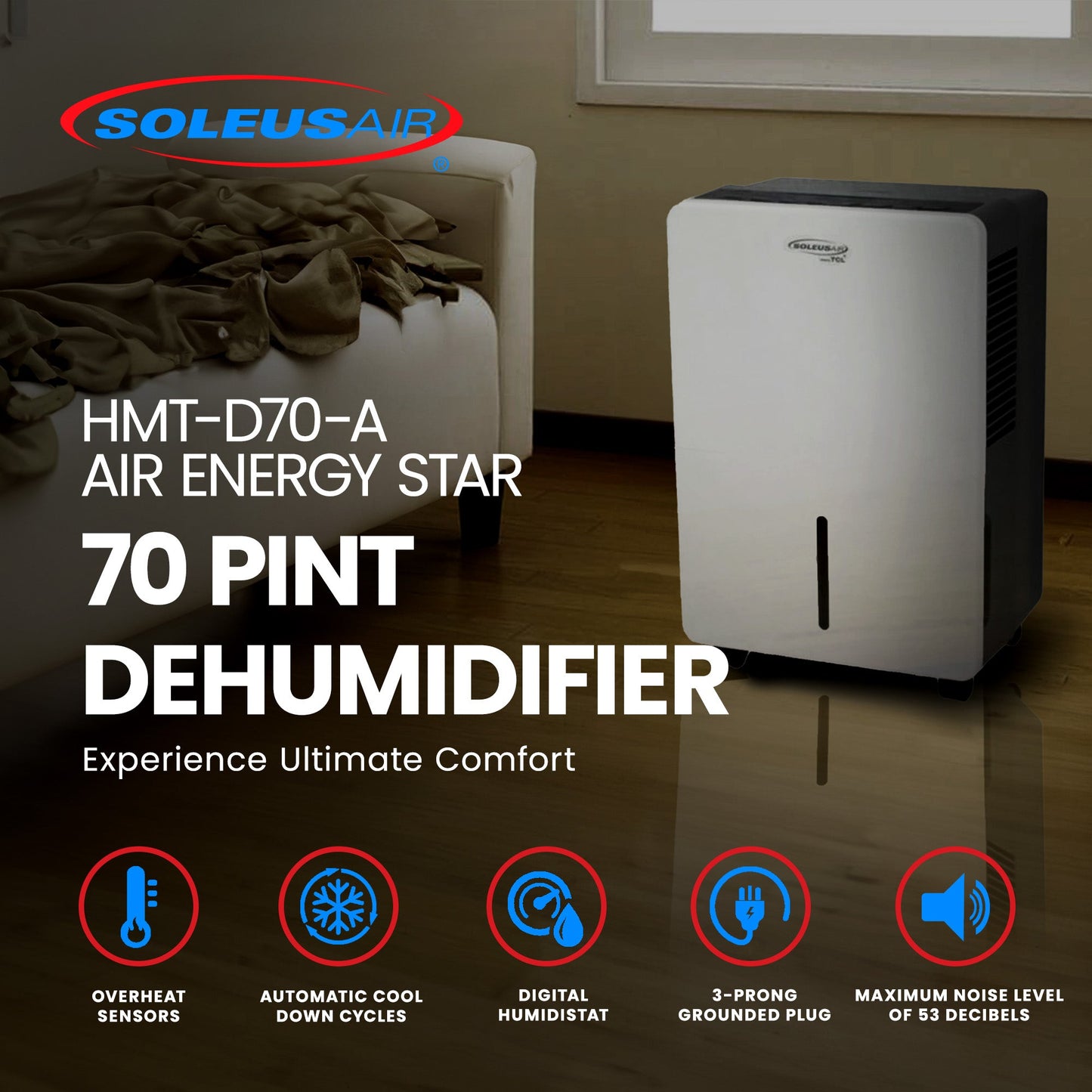 SoleusAir HMT-D70-A Air Energy Star 70 Pint Dehumidifier (Refurbished)
