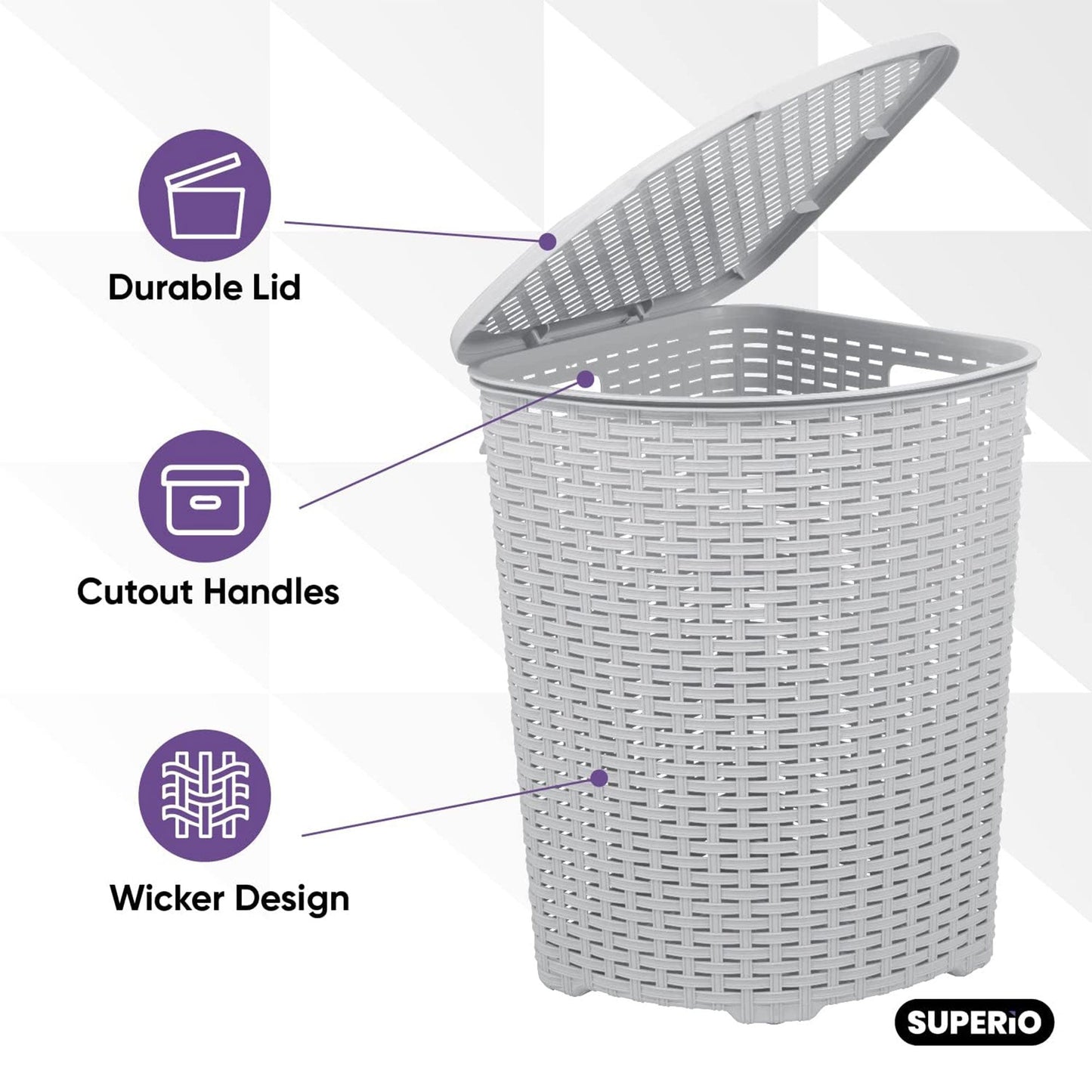 Superio 52 Liter Wicker Design Corner Laundry Hamper with Lid and Handles, White