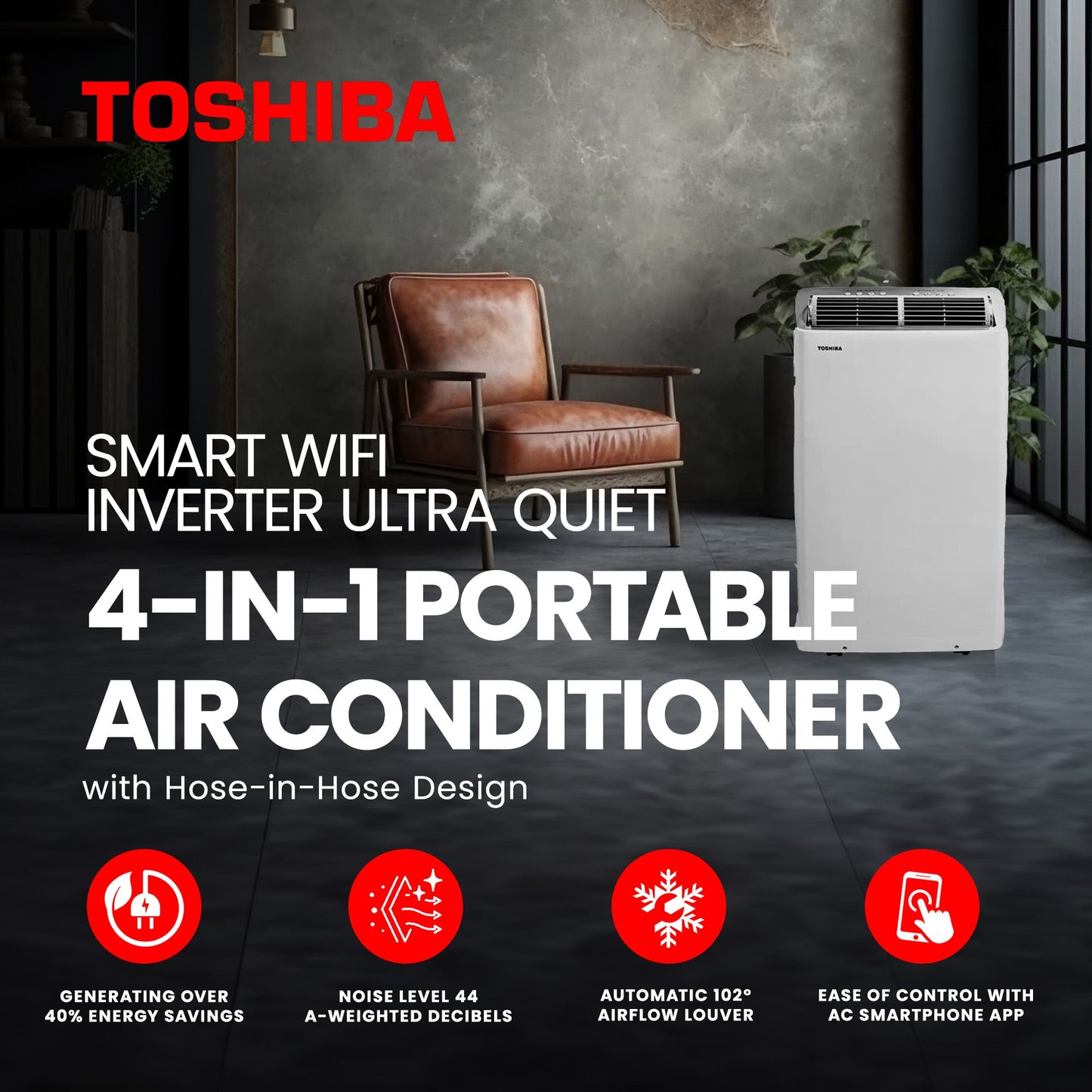 Toshiba Smart Inverter Portable Wi-Fi Air Conditioner, Certified Refurbished