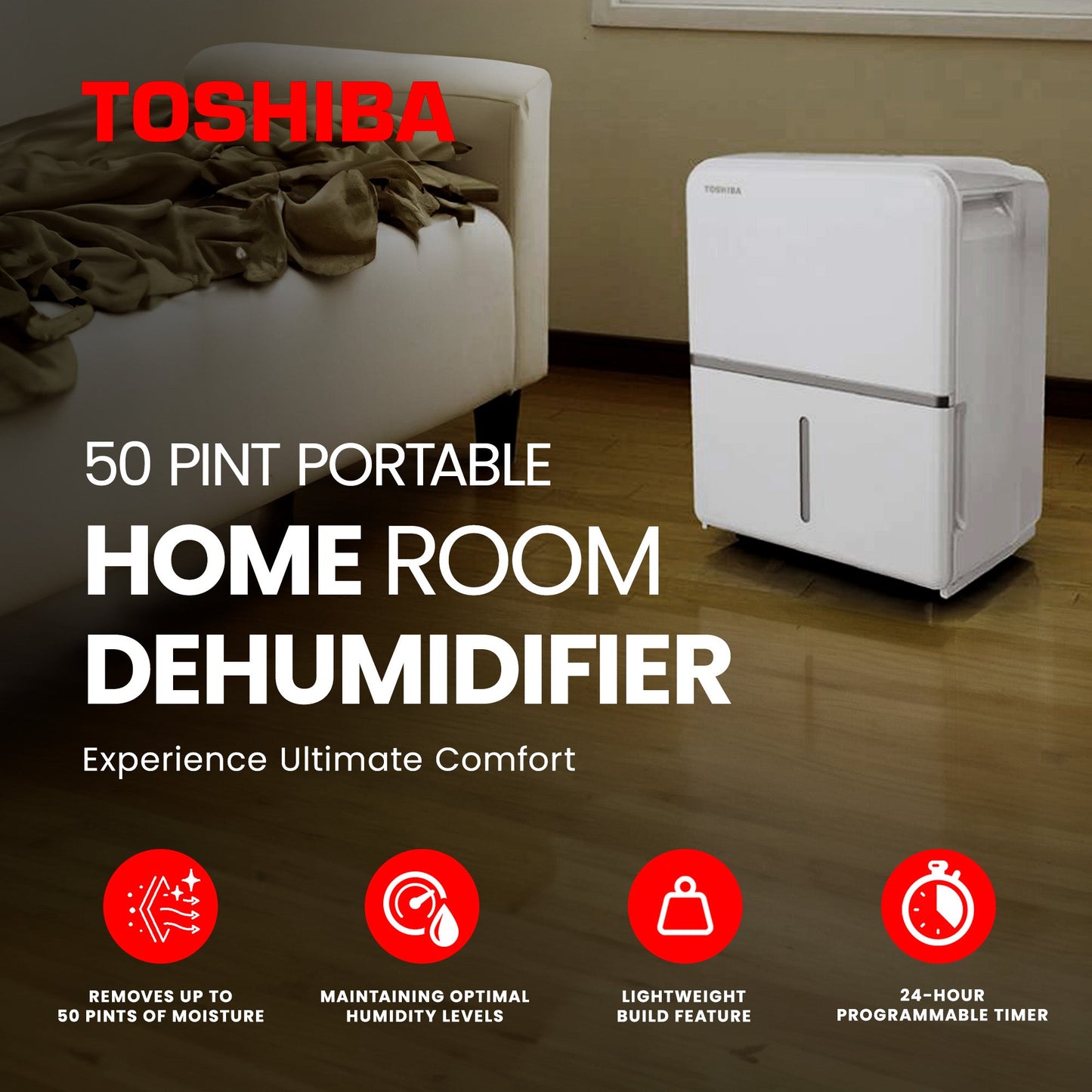 Toshiba 50 Pint Portable Home Room Dehumidifier, White (Certified Refurbished)