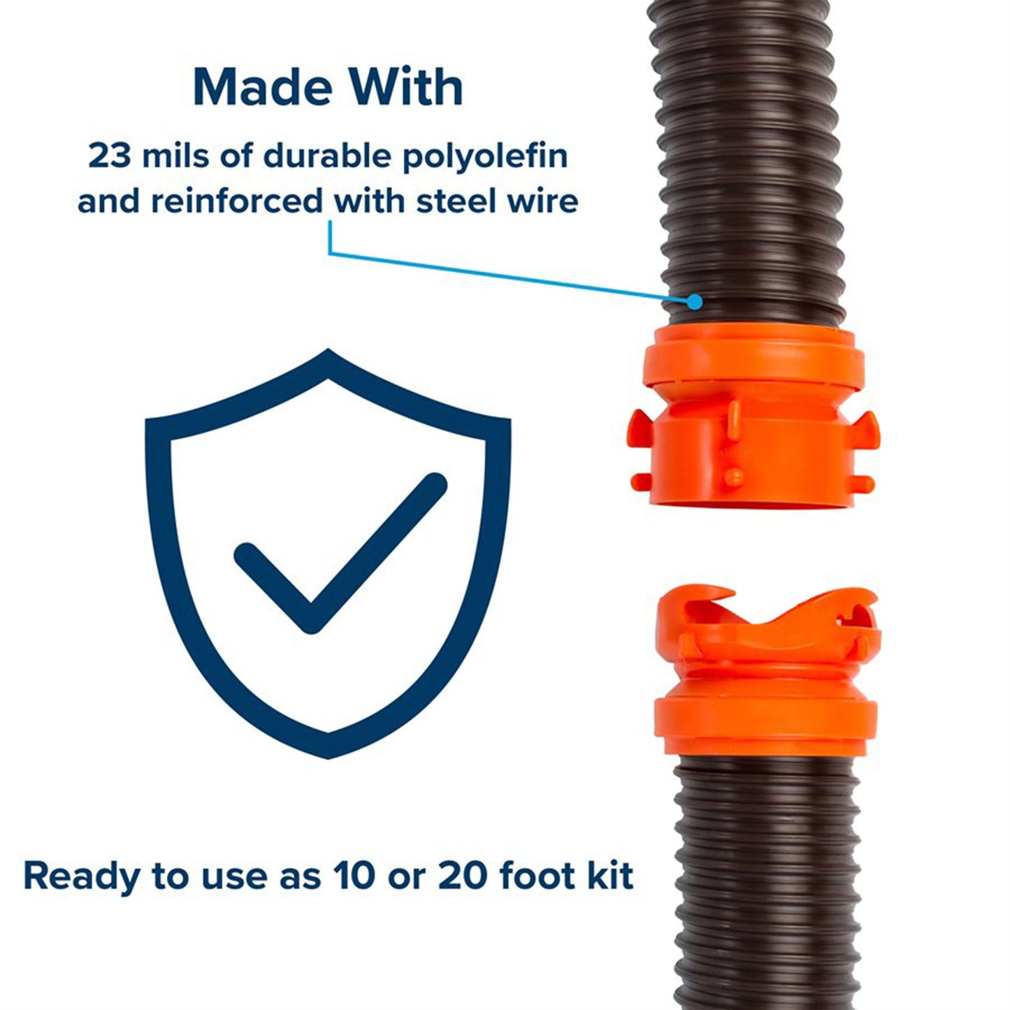 Camco RhinoFLEX 20’ RV Sewer Hose Kit w/ Removable 4 in 1 Adapter, Black/Orange