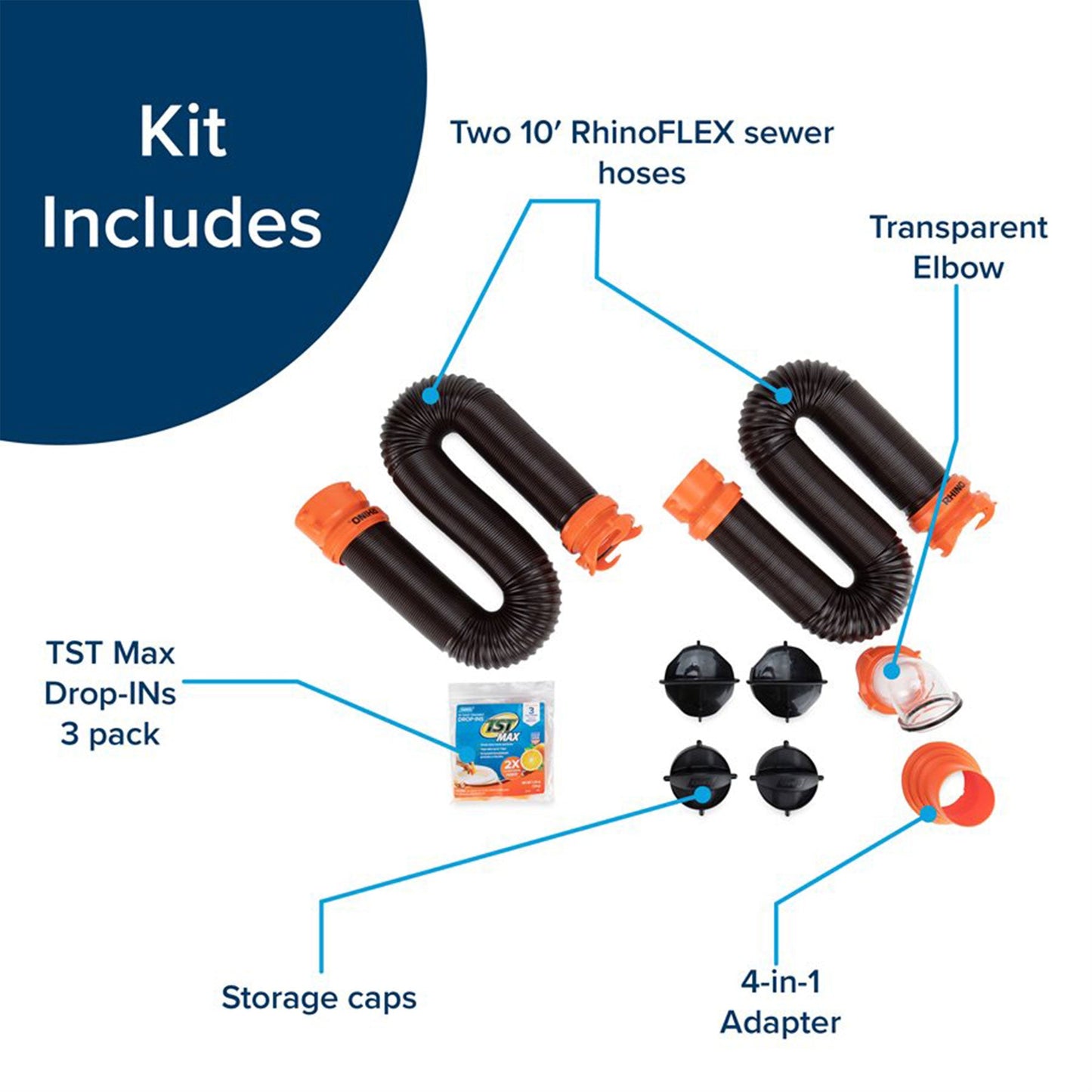Camco RhinoFLEX 20’ RV Sewer Hose Kit w/ Removable 4 in 1 Adapter, Black/Orange