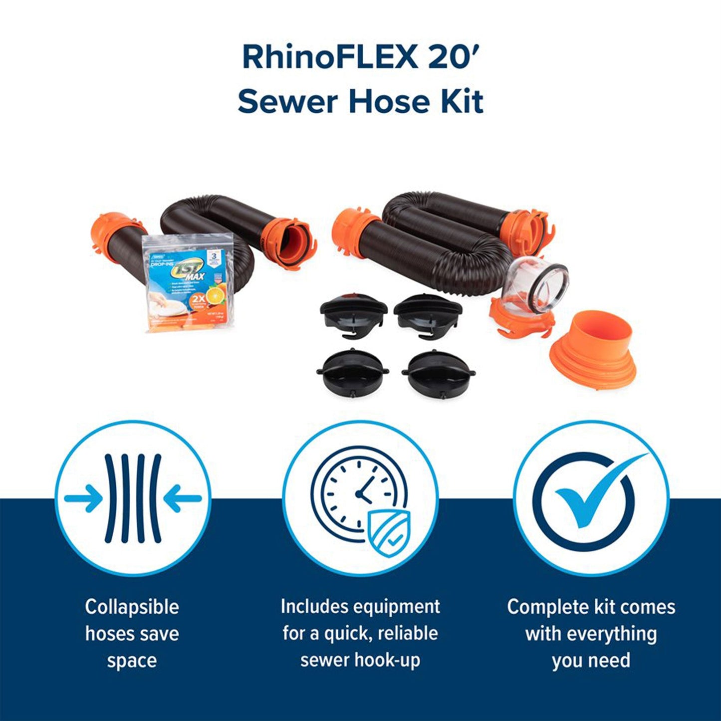 Camco RhinoFLEX 20’ RV Sewer Hose Kit w/ Removable 4 in 1 Adapter, Black/Orange