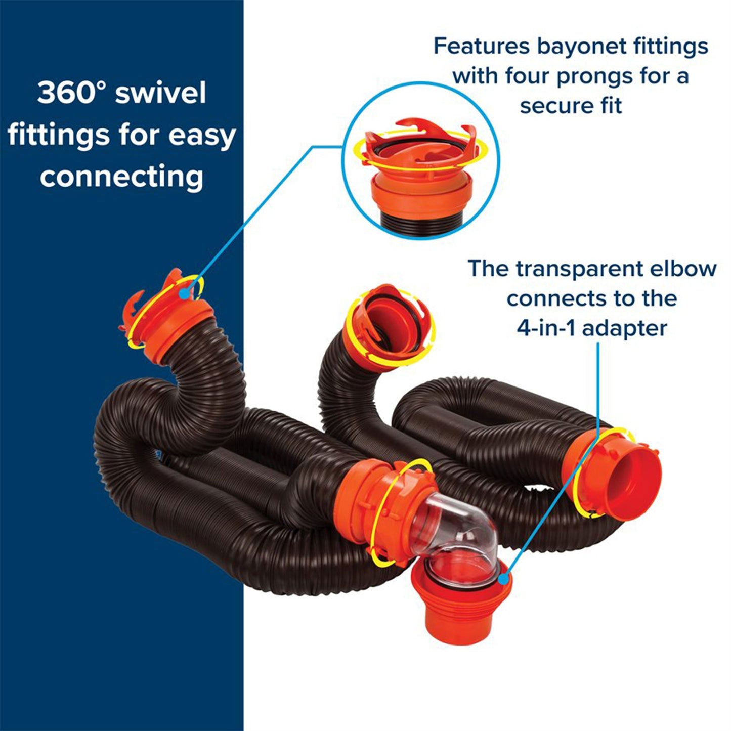 Camco RhinoFLEX 20’ RV Sewer Hose Kit w/ Removable 4 in 1 Adapter, Black/Orange
