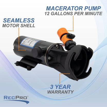 RecPro 12 Volt RV Macerator Pump, Portable 12GPM Sewage Waste Grinder Dump Pump