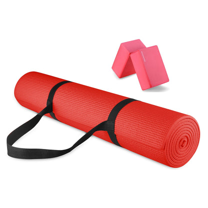 Signature Fitness All Purpose High Density No Tear Exercise Mat w/Strap, Red