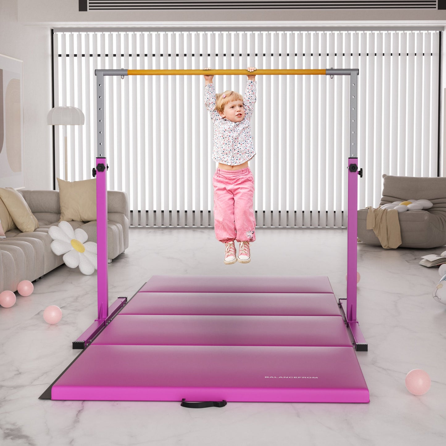 Signature Fitness Adjustable Folding Steel Gymnastics Bar, for Ages 3 & Up, Pink