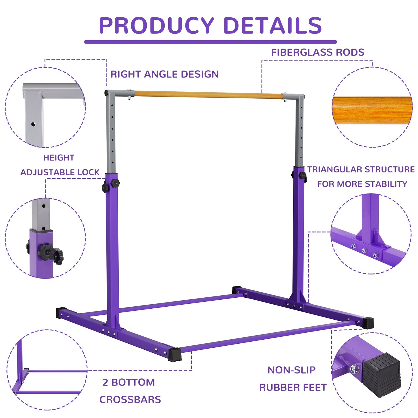 Signature Fitness Adjustable Folding Steel Gymnastics Bar, Ages 3 & Up, Purple