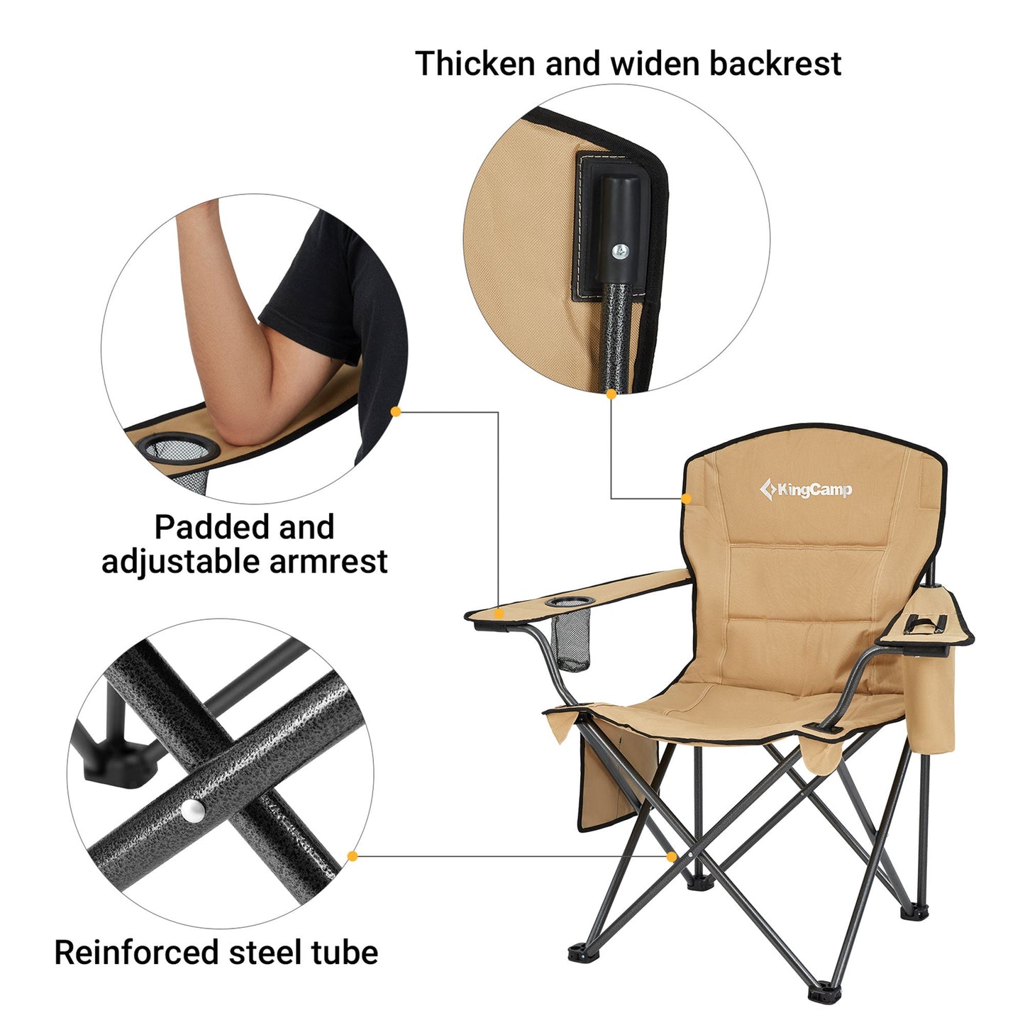KingCamp Padded Folding Chair with Cupholder, Cooler, and Pocket, Khaki (2 Pack)
