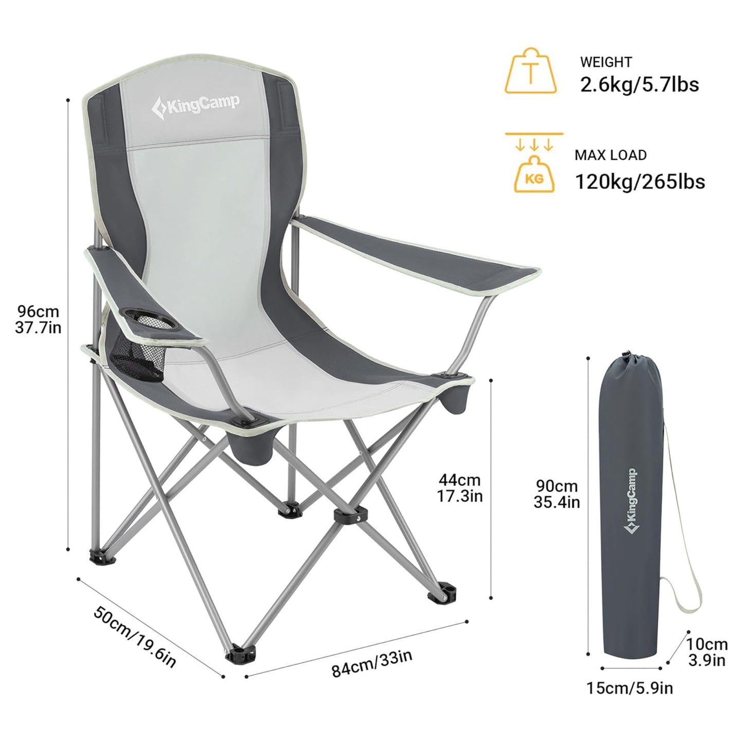 KingCamp Portable Folding Chair with Mesh Cup Holder and Carry Bag, Black/Gray (2 Pack)