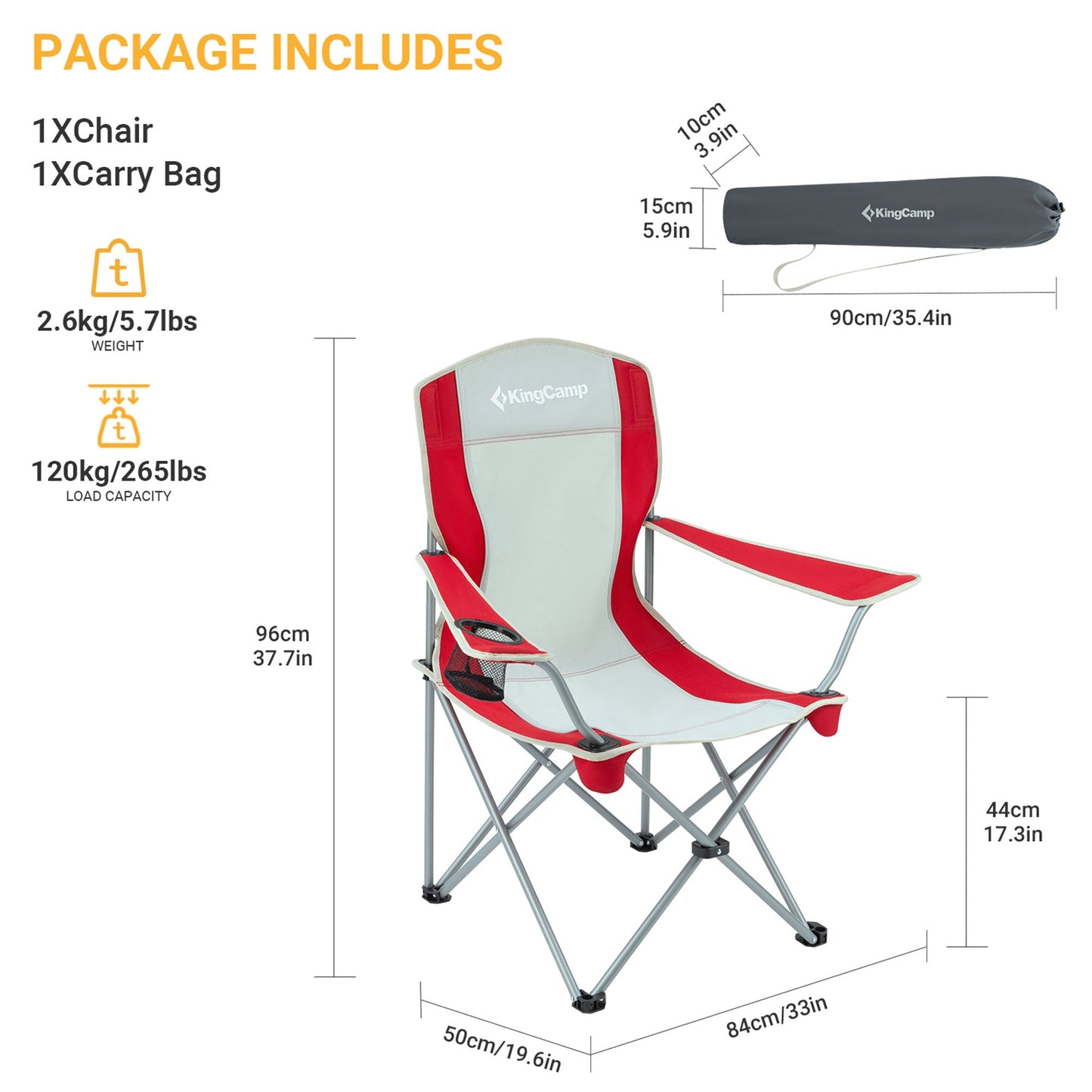 KingCamp Portable Folding Chair with Mesh Cup Holder and Carry Bag, Red/Gray (2 Pack)