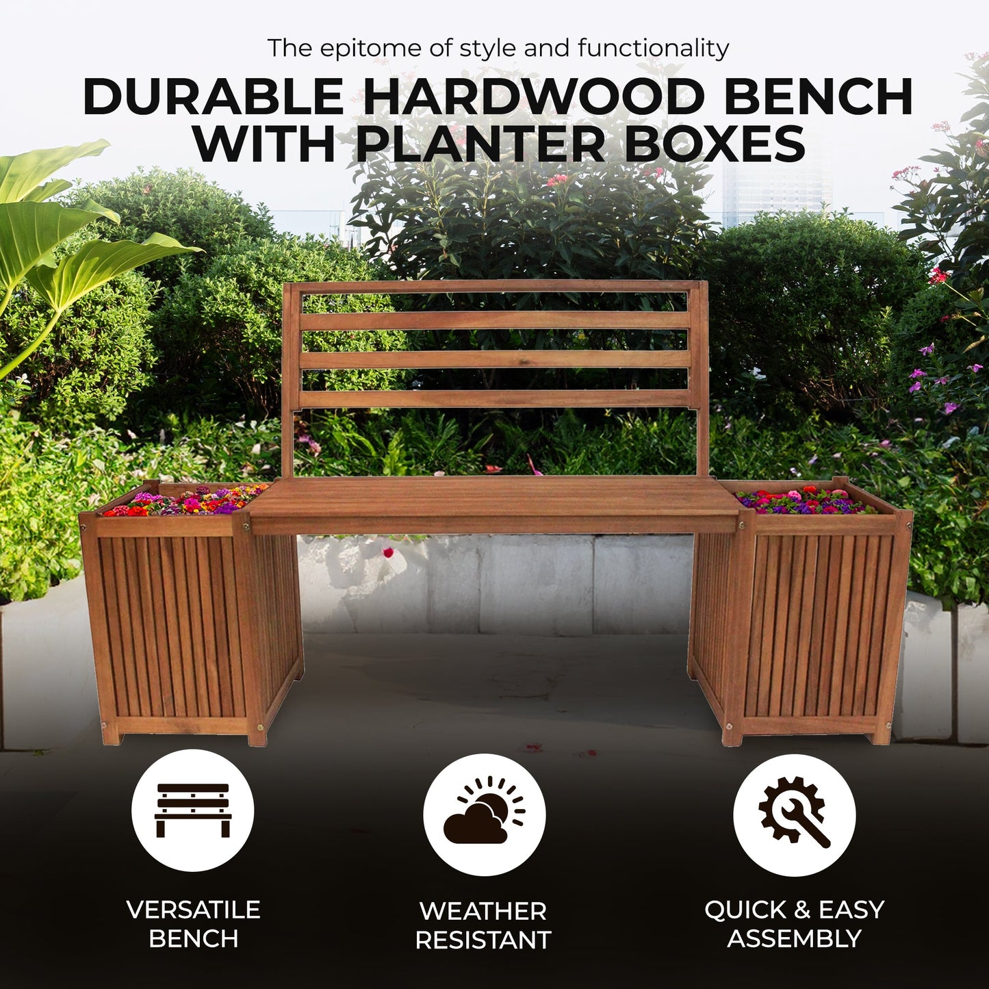 Leigh Country Multifunctional Durable Hardwood Bench with Planter Boxes, Tan