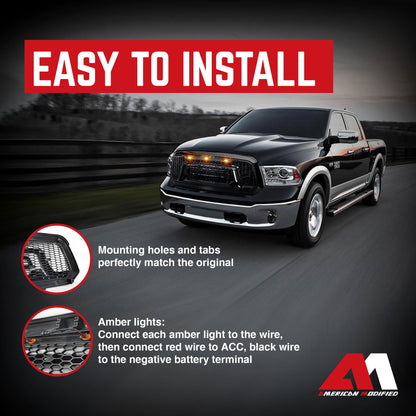 AMERICAN MODIFIED Front Armor Grille w/Amber Lights for 2013-2018 Dodge Ram 1500