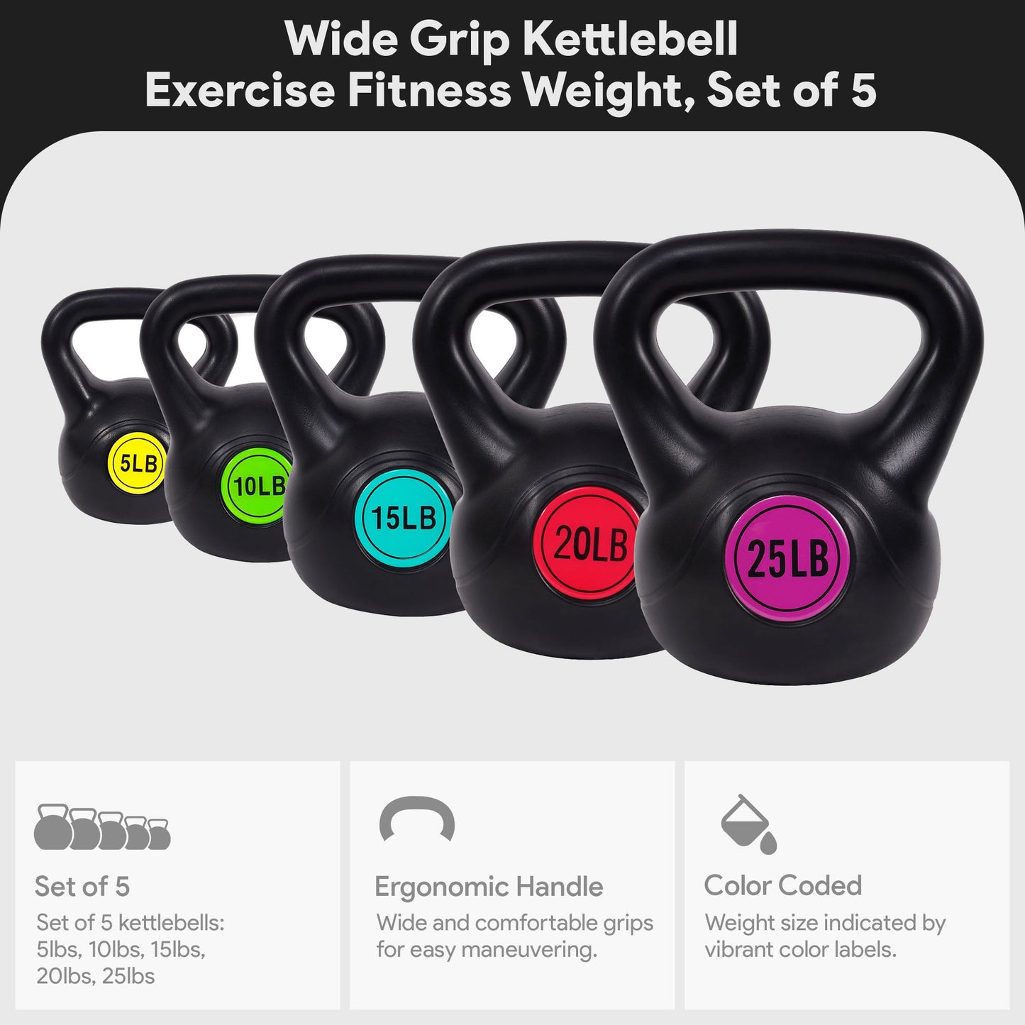 Sporzon! Wide Grip Kettle Bell Strength Training Weight Set, 5, 10, 15, 20, 25lb