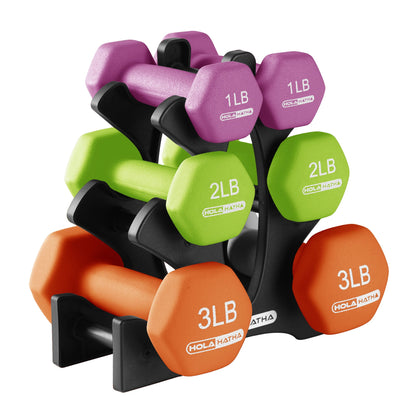 HolaHatha 1, 2 and 3 lb Neoprene Dumbbell Strength Training Weight Set with Rack