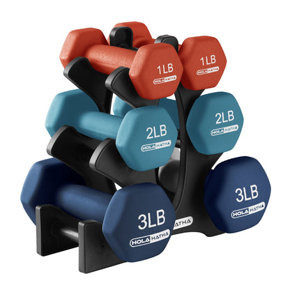 HolaHatha 1, 2 and 3 lb Neoprene Dumbbell Strength Training Weight Set with Rack