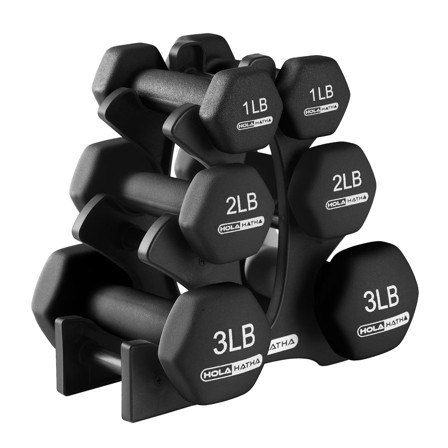 HolaHatha 1, 2 and 3 lb Neoprene Dumbbell Strength Training Weight Set with Rack