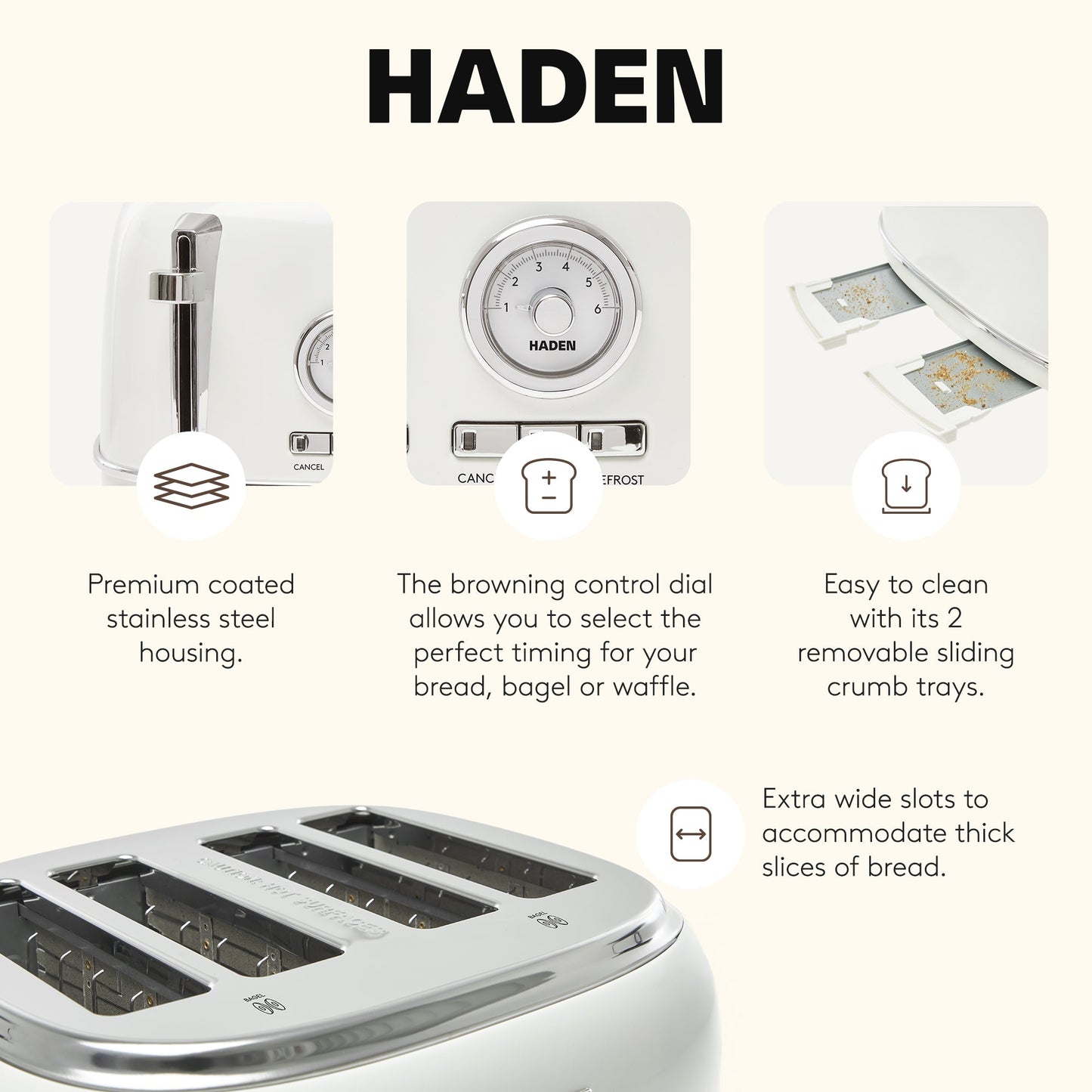 Haden Dorset 4 Slice Wide Slot Stainless Steel Toaster, Ivory & Chrome