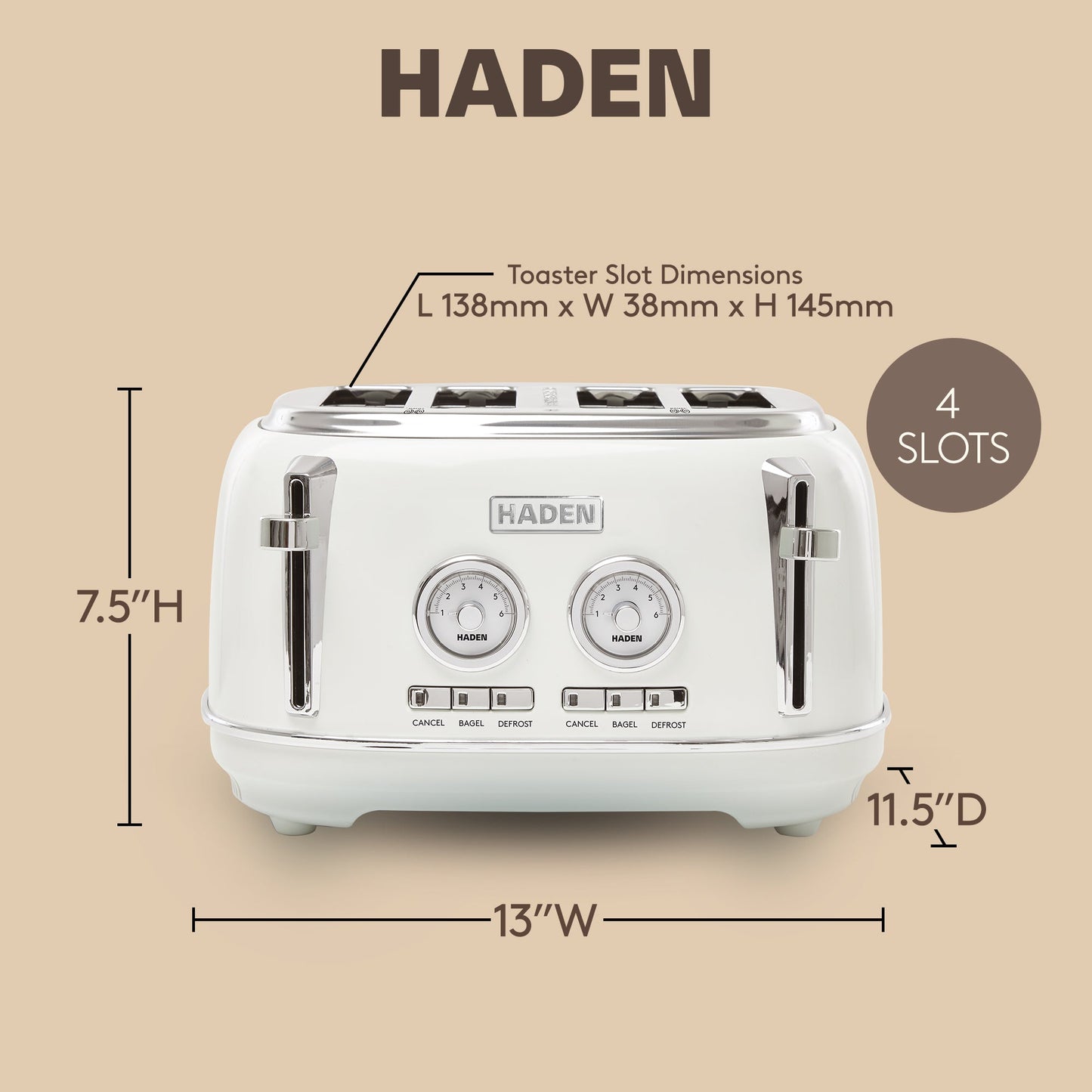 Haden Dorset 4 Slice Wide Slot Stainless Steel Toaster, Ivory & Chrome