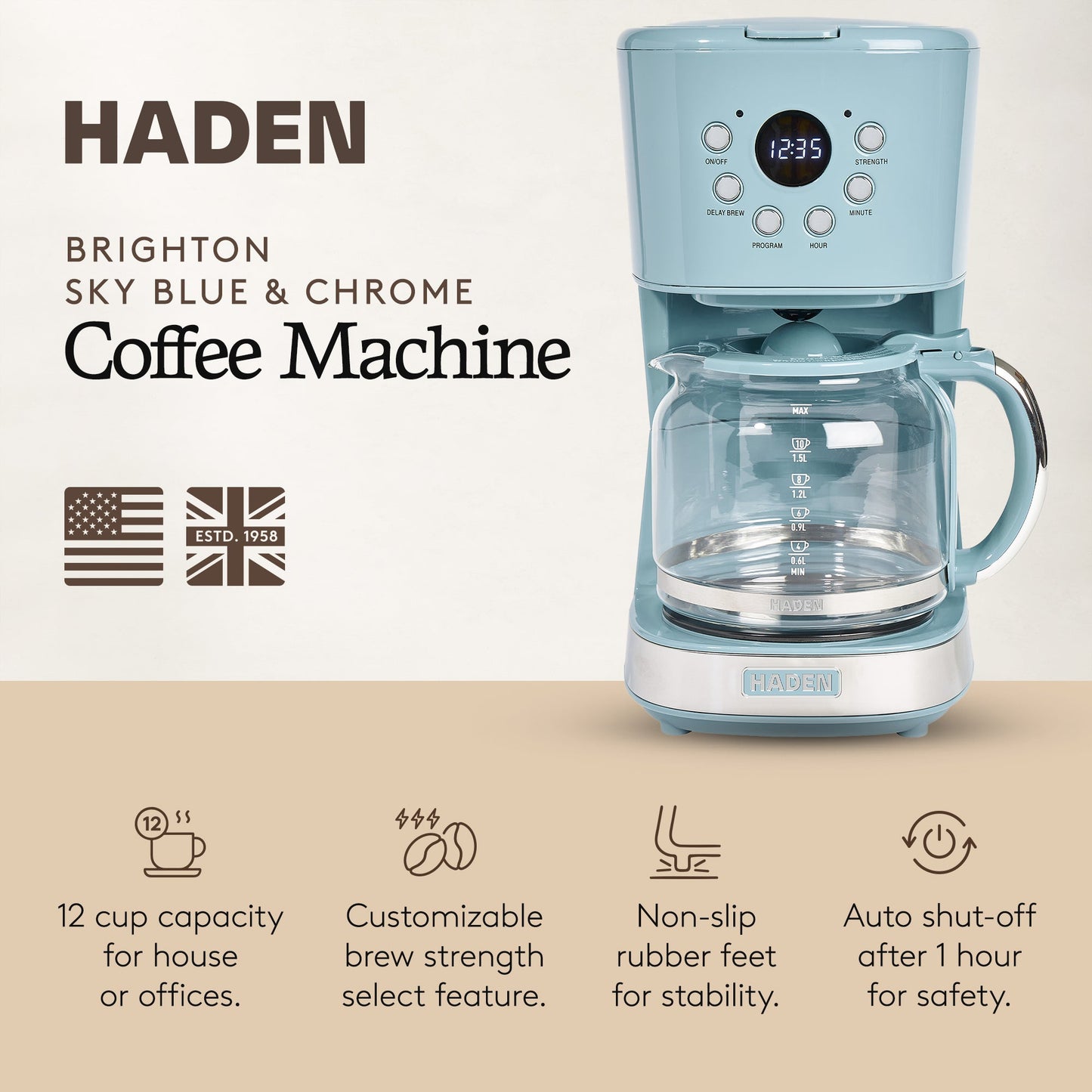 Haden Brighton 12 Cup Programmable Coffee Maker, Sky Blue & Chrome