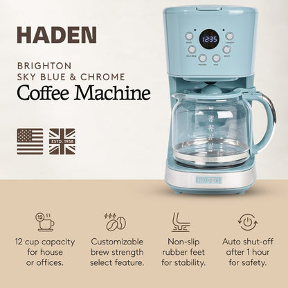 Haden Brighton 12 Cup Programmable Coffee Maker, Sky Blue & Chrome