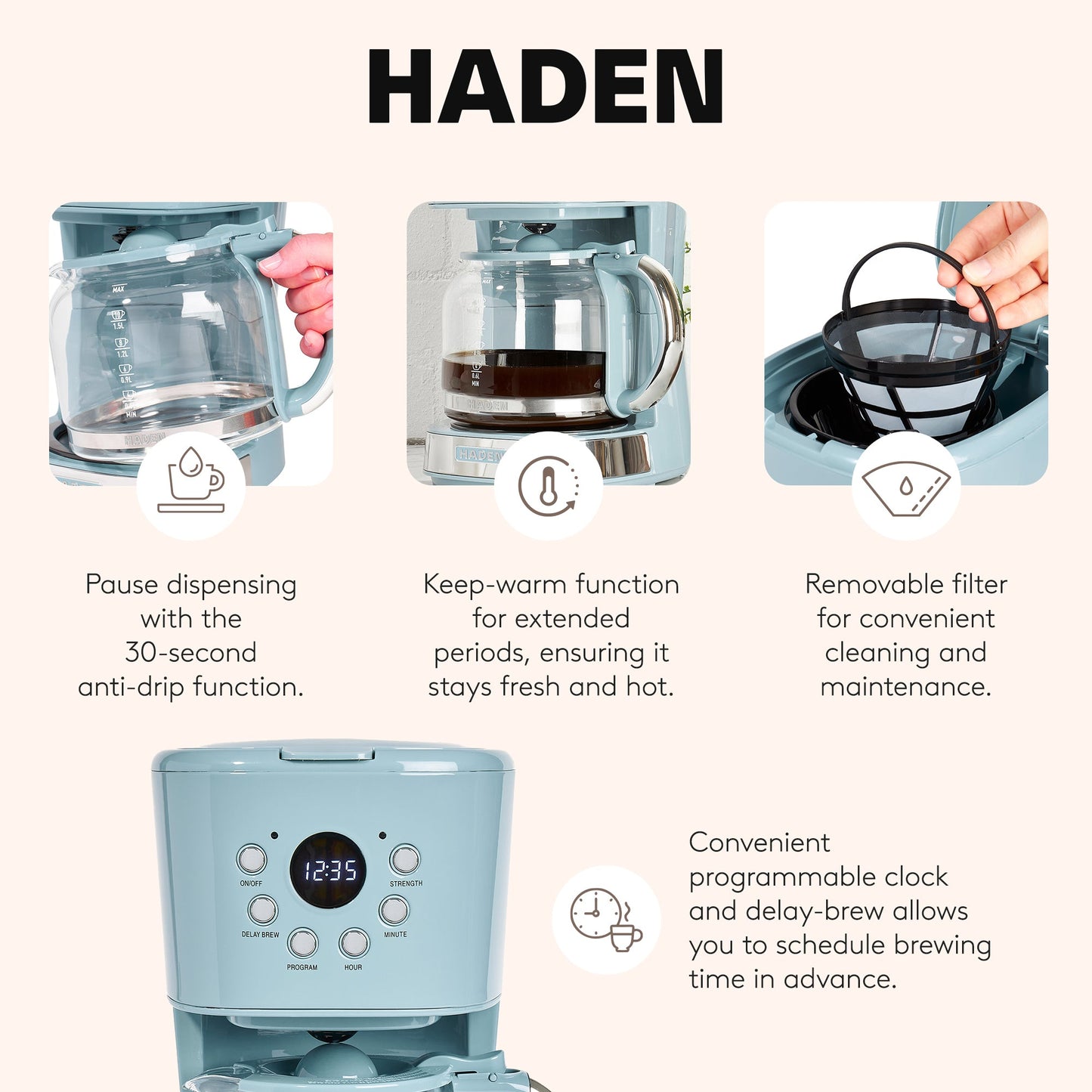 Haden Brighton 12 Cup Programmable Coffee Maker, Sky Blue & Chrome