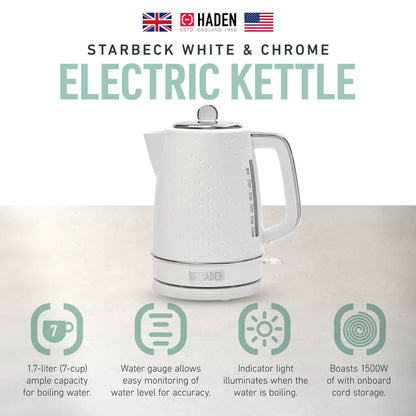 Haden Starbeck 1.7 Liter Stainless Steel Electric Water Kettle, White & Chrome