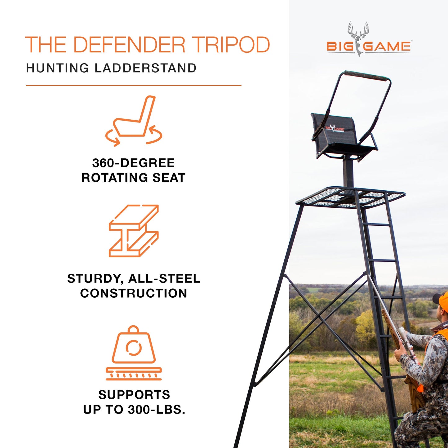 Big Game The Defender 12.5 Ft Tripod Stand, Deer Hunting Ladder w/ Rotating Seat