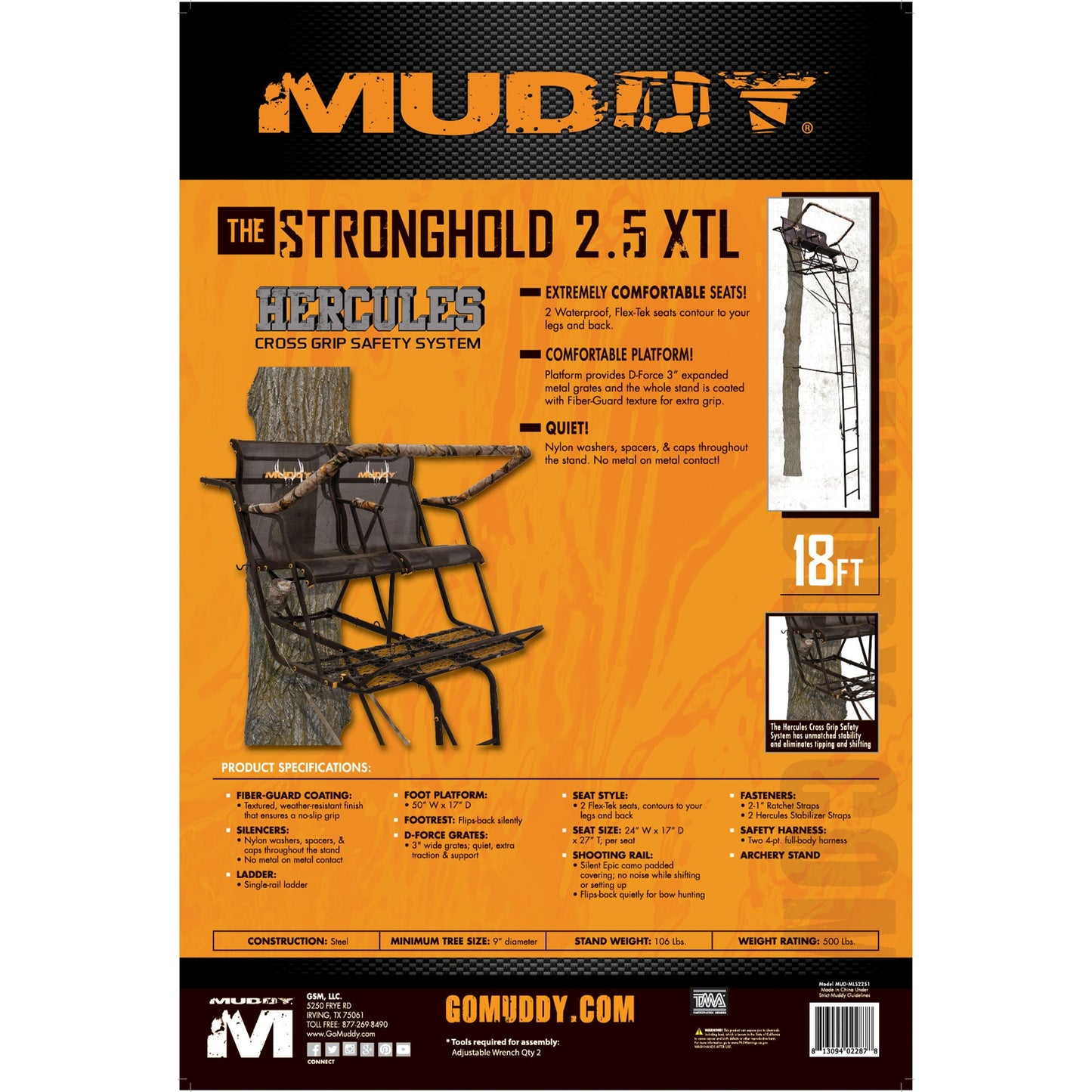 Muddy Stronghold 2.5 Deer Hunting 18 Foot Ladderstand Tree Stand w/Hercules Grip