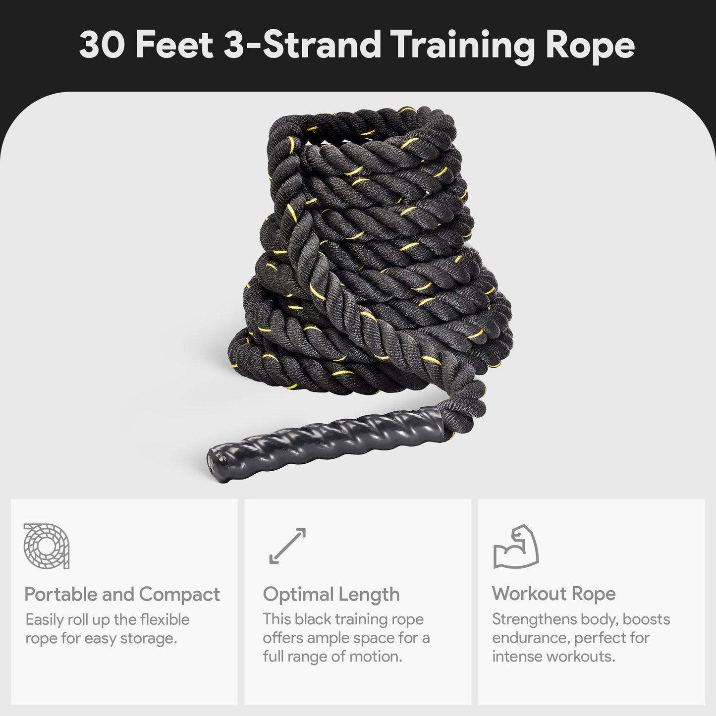 BalanceFrom 3 Strand Training Rope, Durable Workout Equipment, 30 Feet, Black