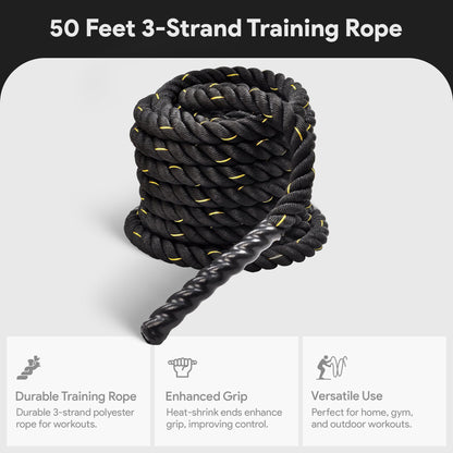 BalanceFrom 3 Strand Training Rope, Durable Workout Equipment, 50 Feet, Black