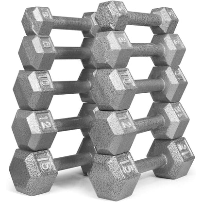 HolaHatha 5, 8, 10, 12 & 15 lb Cast Iron Dumbbell Free Hand Weight Set with Rack