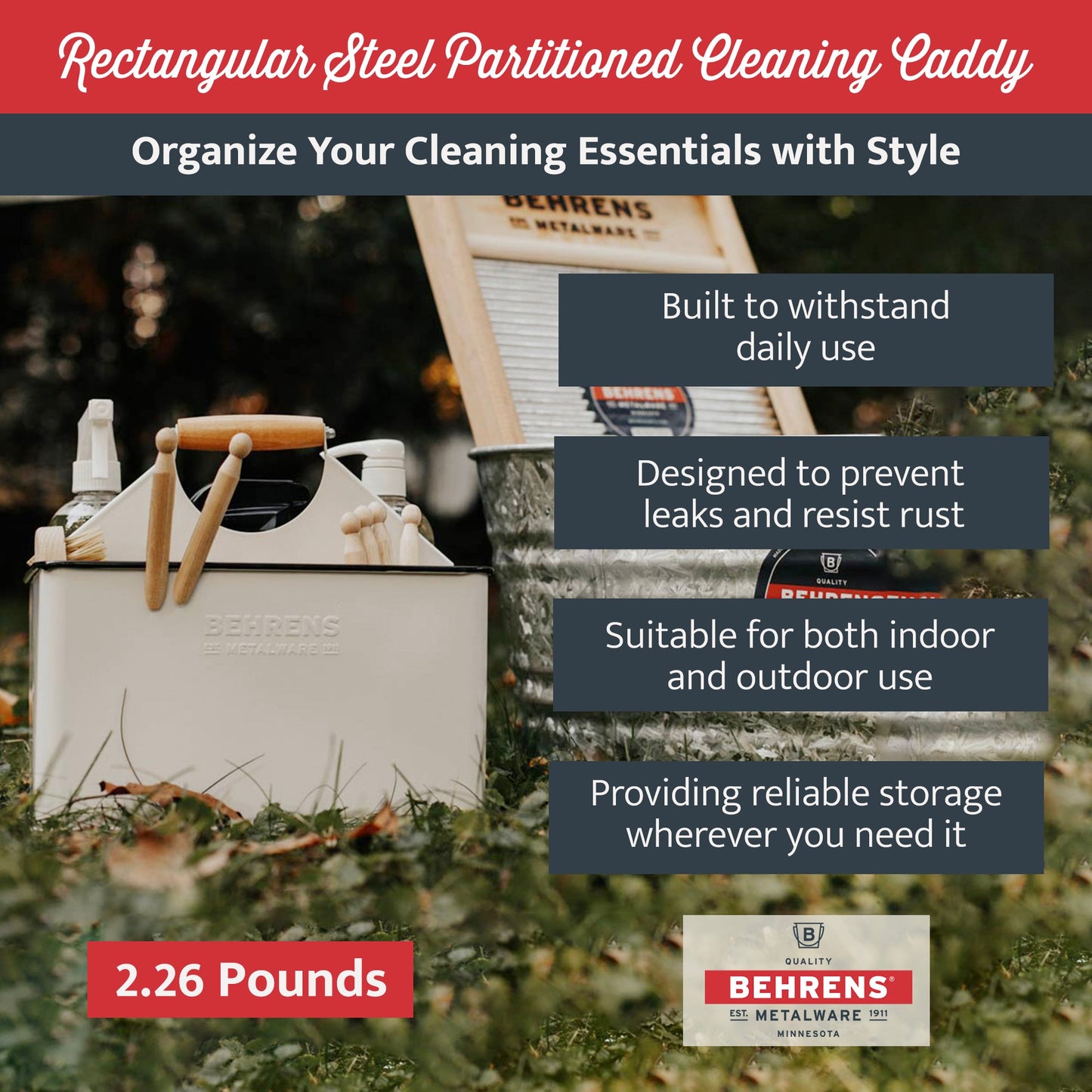 Behrens Versatile 11.5 Inch Rectangular Steel Partitioned Cleaning Caddy, White