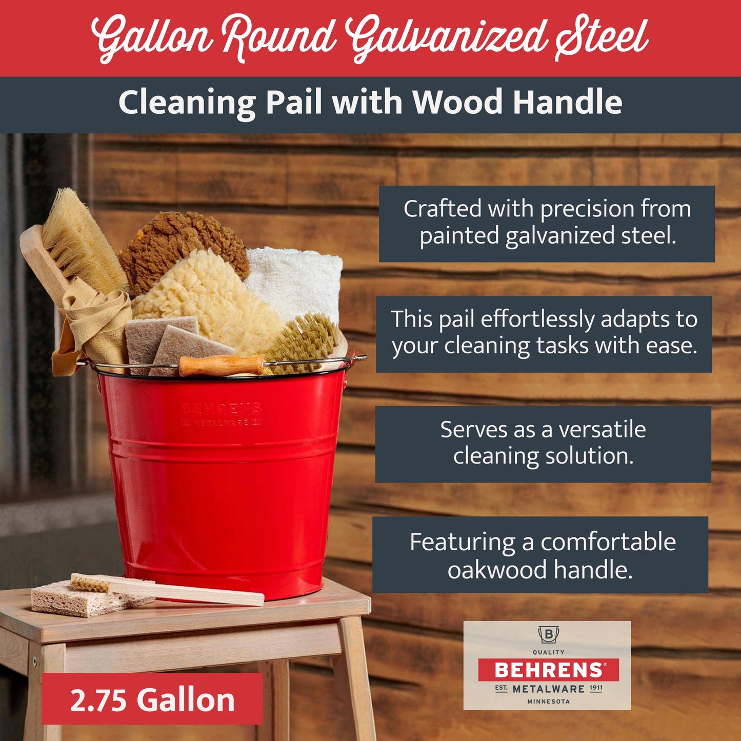 Behrens 2.75 Gallon Round Galvanized Steel Cleaning Pail with Wood Handle, Red