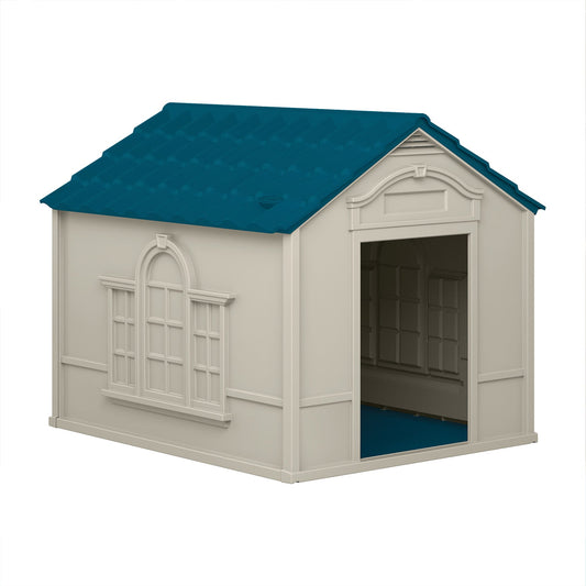 Suncast Deluxe Dog House with Vents and Crowned Channeled Floor, Taupe/Blue