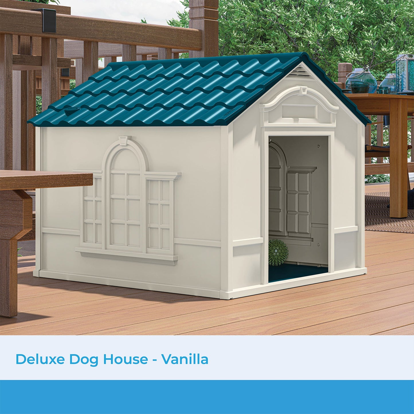 Suncast Deluxe Dog House with Vents and Crowned Channeled Floor, Taupe/Blue