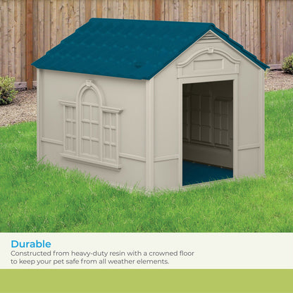 Suncast Deluxe Dog House with Vents and Crowned Channeled Floor, Taupe/Blue