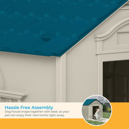 Suncast Deluxe Dog House with Vents and Crowned Channeled Floor, Taupe/Blue