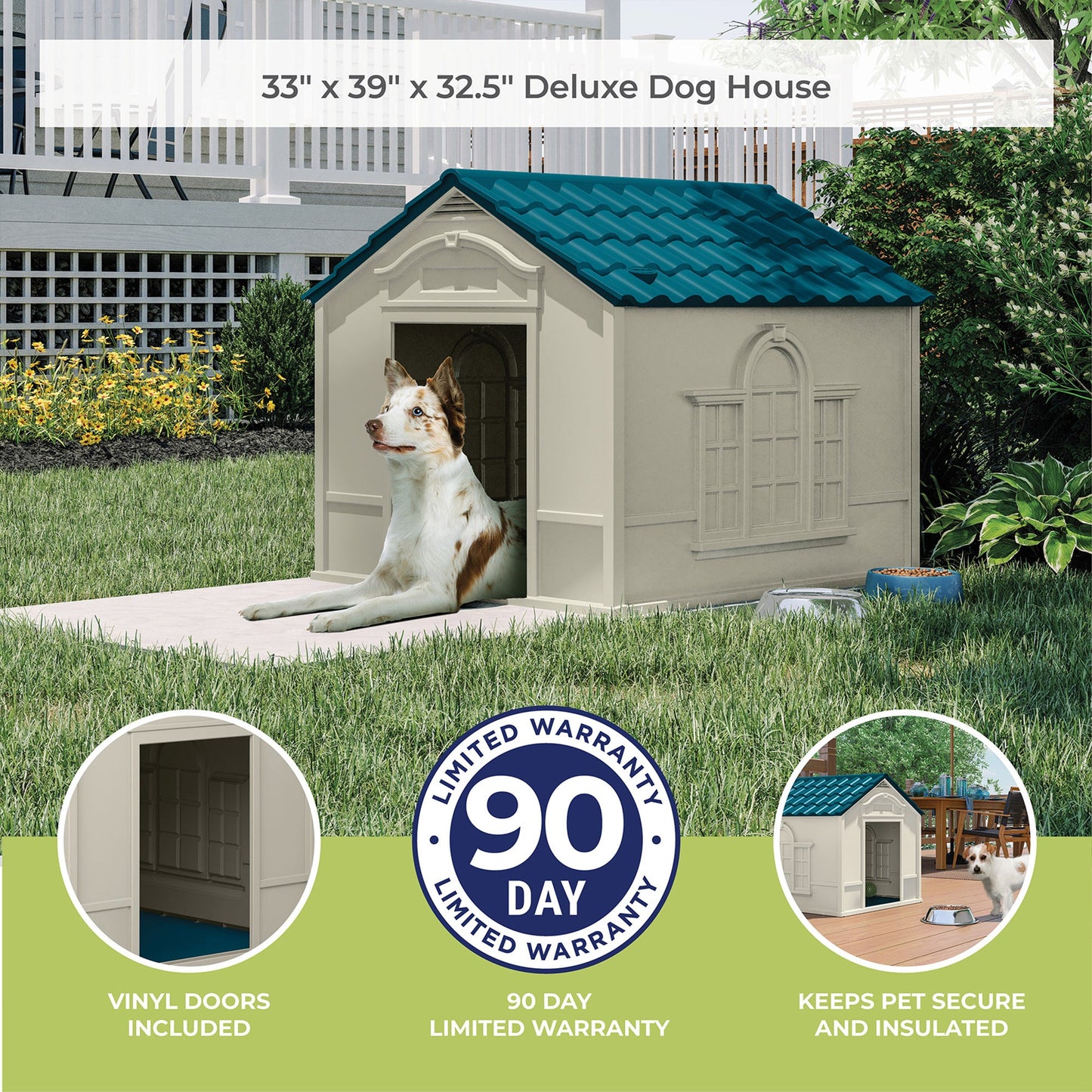 Suncast Deluxe Dog House with Vents and Crowned Channeled Floor, Taupe/Blue
