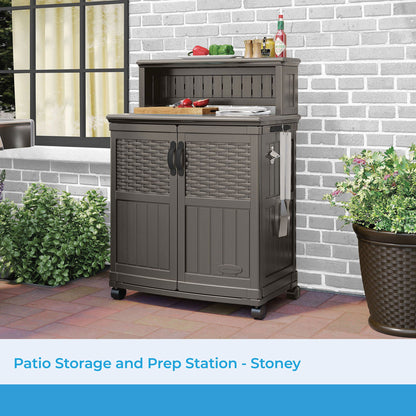 Suncast Patio Plastic Storage and Prep Station with Wicker Pattern, Stoney Gray