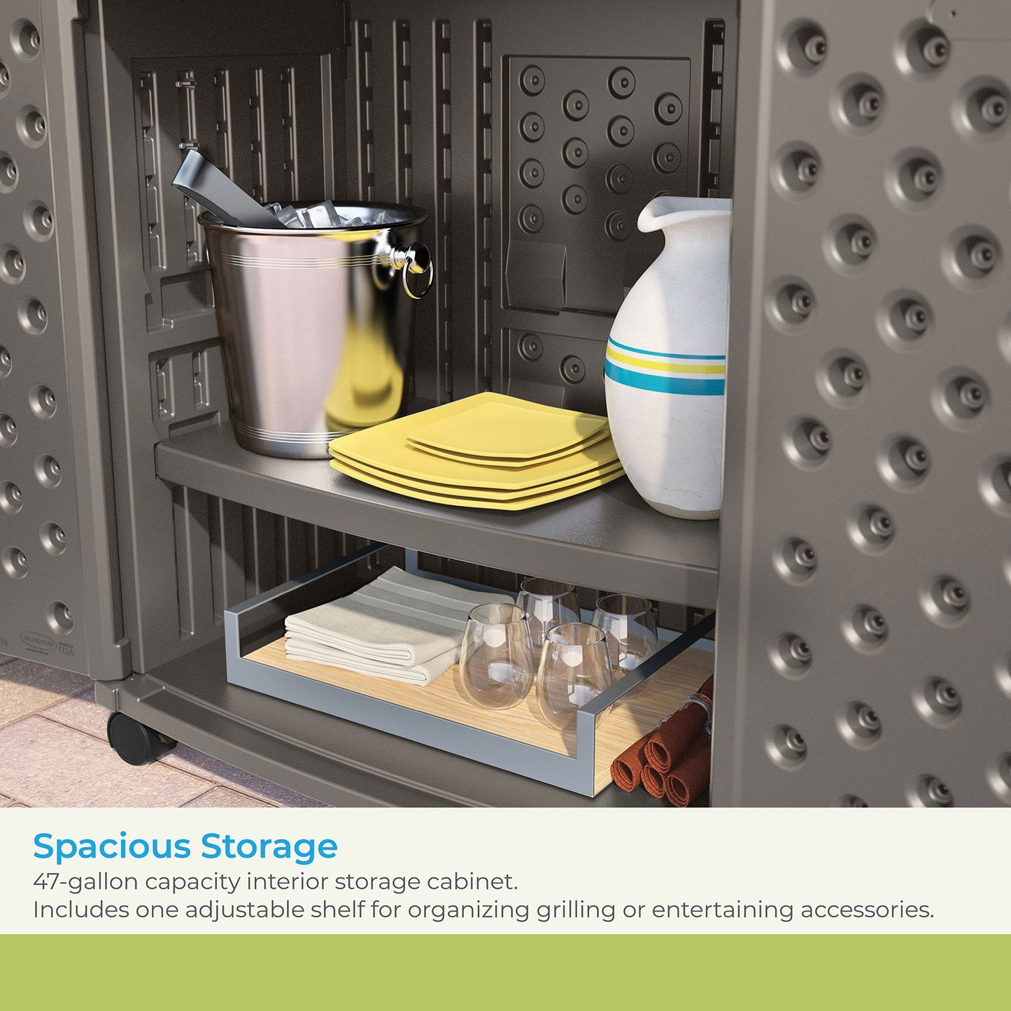 Suncast Patio Plastic Storage and Prep Station with Wicker Pattern, Stoney Gray