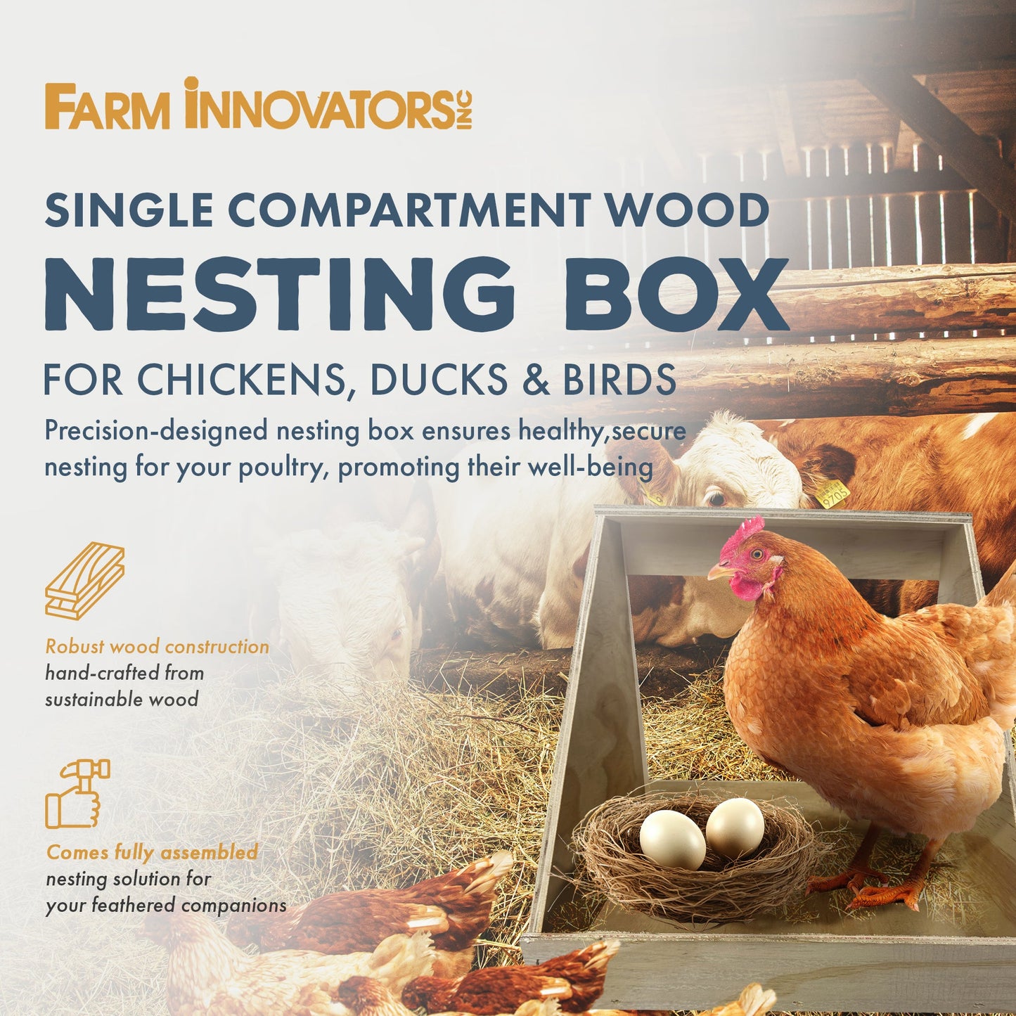 Farm Innovators Single Compartment Wood Nesting Box for Chickens, Ducks & Birds