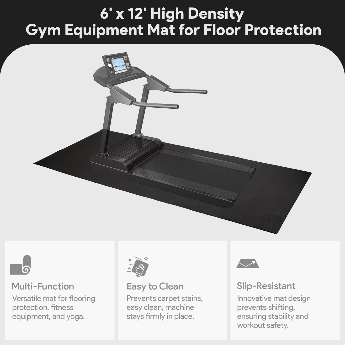 Fitvids High-Density Home Gym Equipment Mat, 1/4-Inch Nonslip PVC Floor Protector for Treadmills, Exercise Bikes, and Fitness Equipment, 6' x 12'