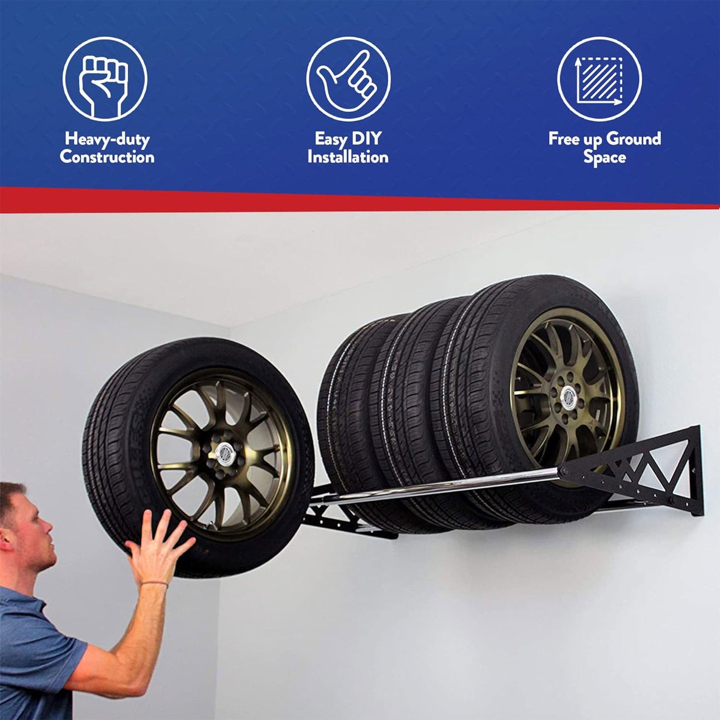 SafeRacks Adjustable Wall Mounted Tire Rack with Powder Coated Brackets, Black