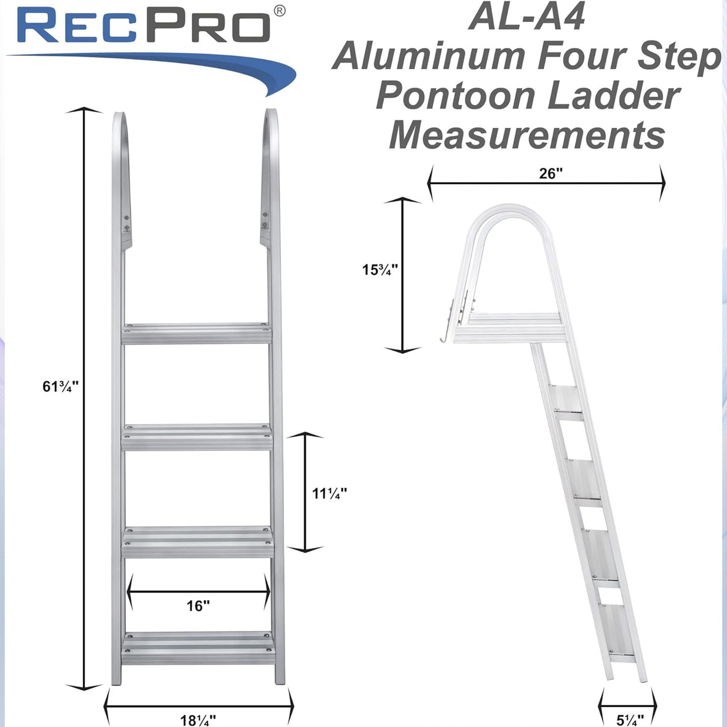 RecPro 4 Step Angled Aluminum Pontoon Dock and Boat Boarding Ladder, Silver