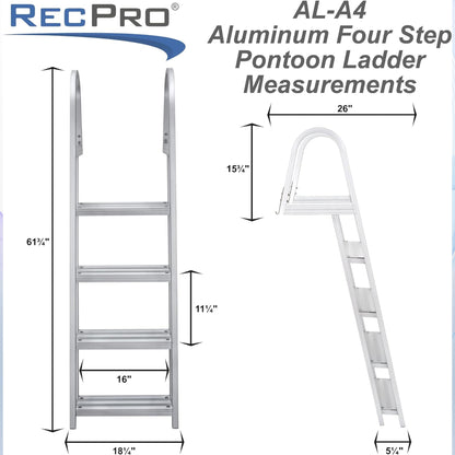 RecPro 4 Step Angled Aluminum Pontoon Dock and Boat Boarding Ladder, Silver