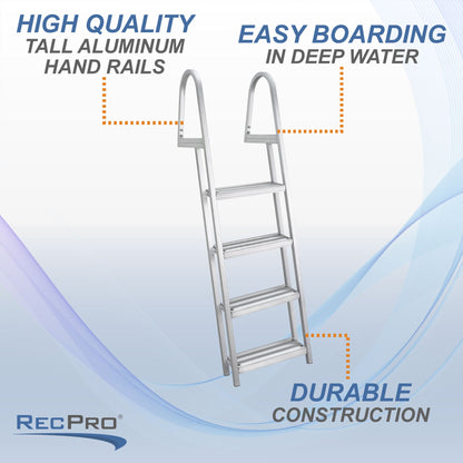 RecPro 4 Step Angled Aluminum Pontoon Dock and Boat Boarding Ladder, Silver